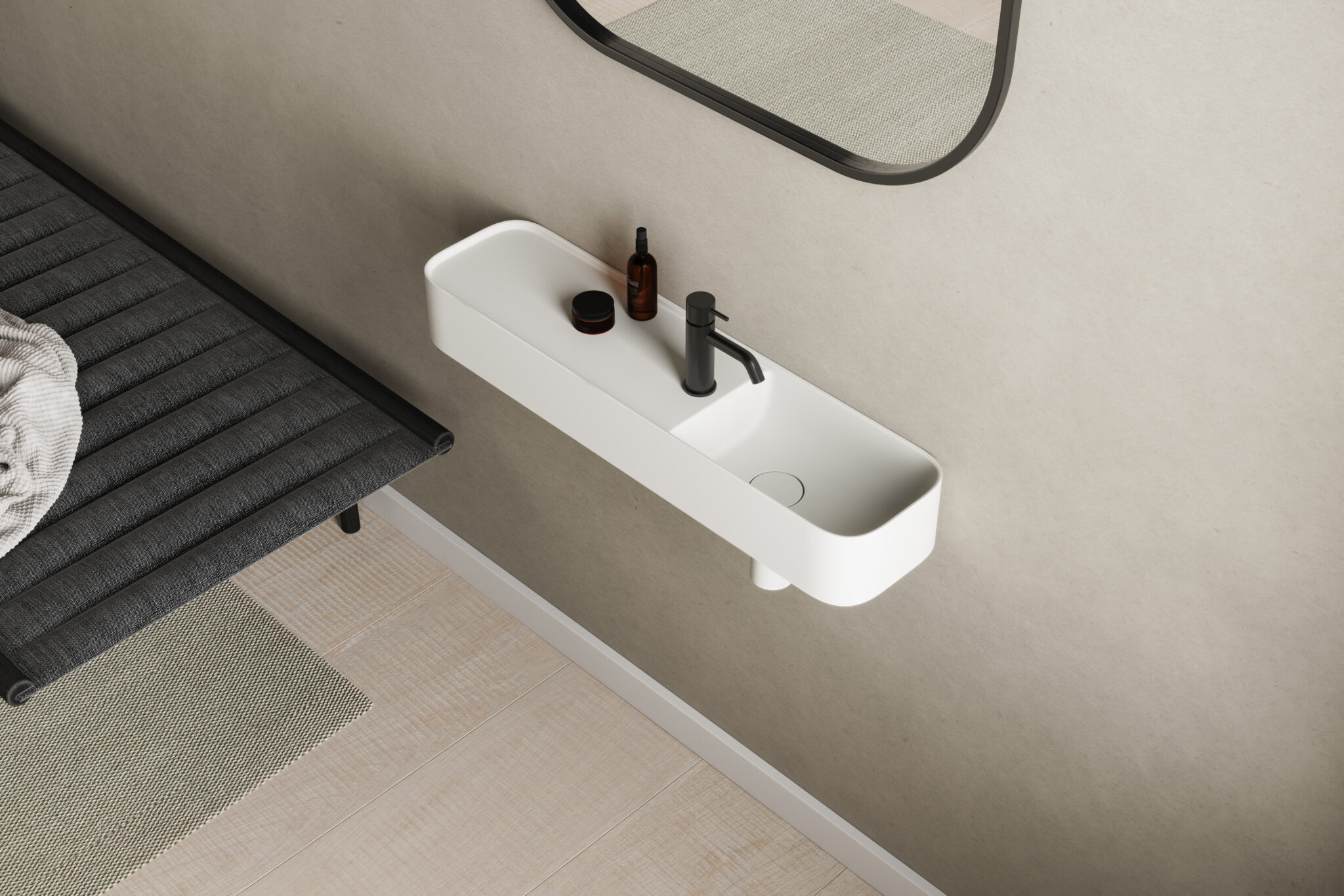 The Yuno LR Wash Basin from Copenhagen Bath, featuring a sleek, minimalist design crafted from Acovi® Solid Surface, ideal for modern bathrooms.