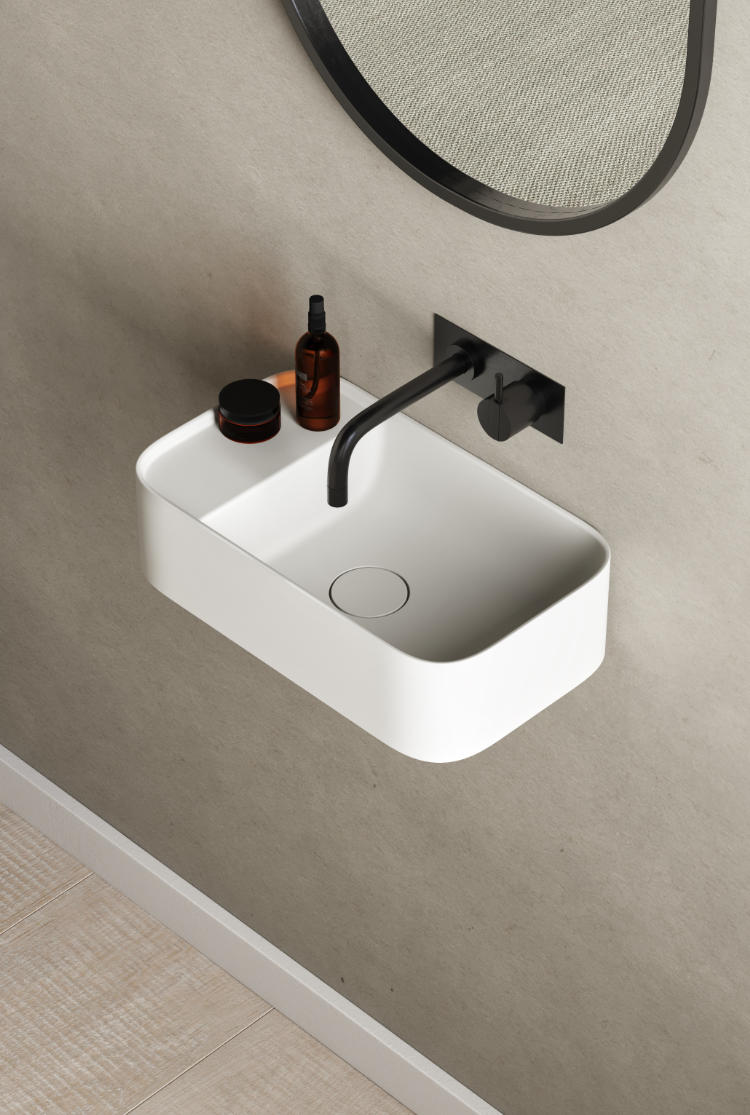 Yuno LR 41 wall mounted basin made of 100% matte white Acovi Solid Surface