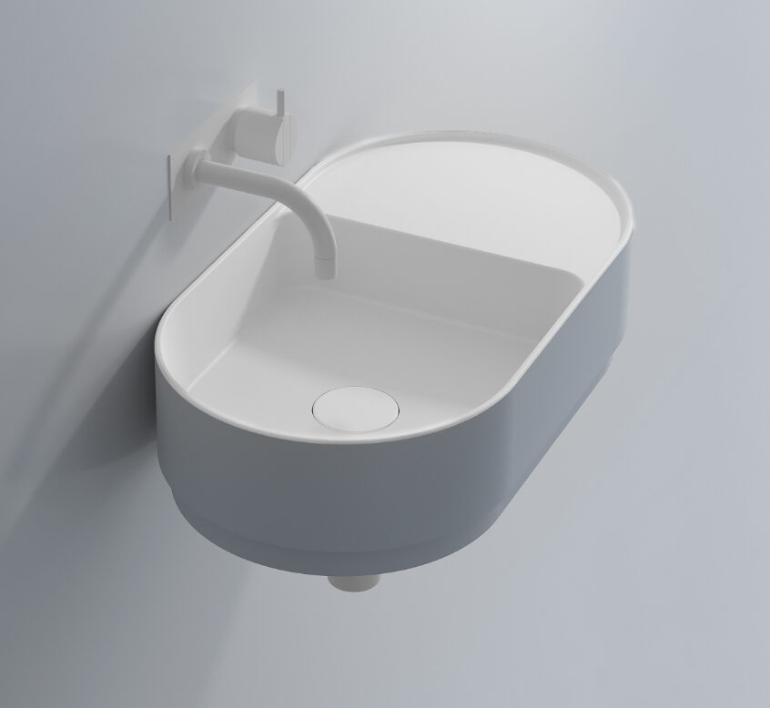 TÅRN wash basin collection from Copenhagen Bath in white or light blue, with or without storage drawers.