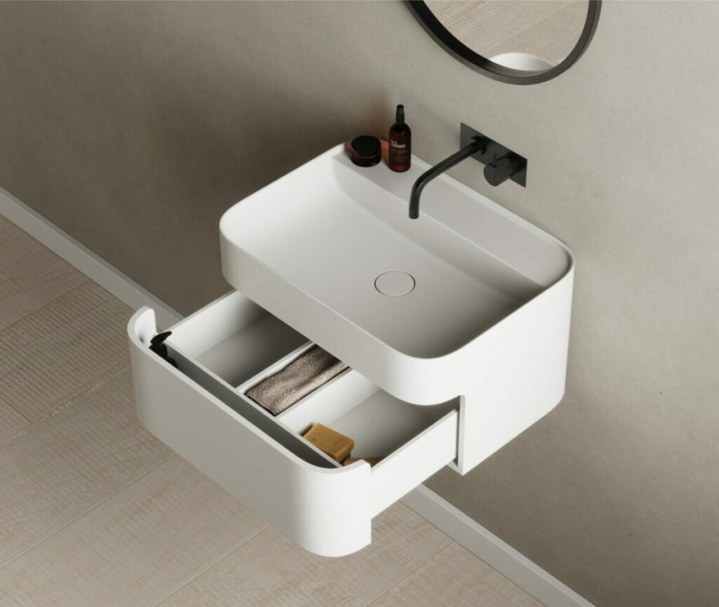 Yuno CA 55 wash basin in white Acovi® Solid Surface with minimalist Danish design by Copenhagen Bath.