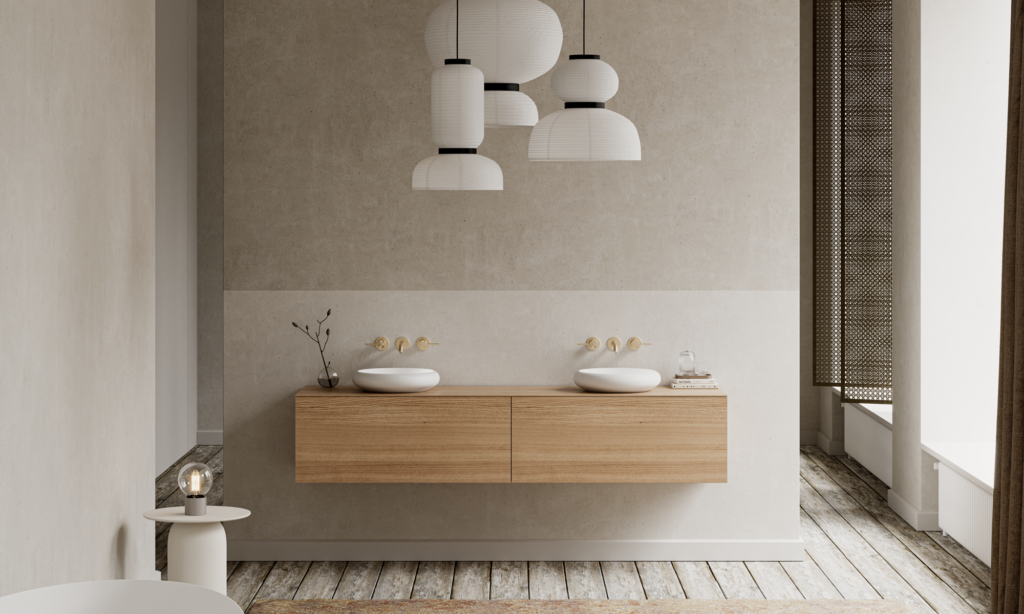 Handcrafted Bergen bathroom cabinet with round wash basin Acovi® solid surface wash basin by Copenhagen Bath.