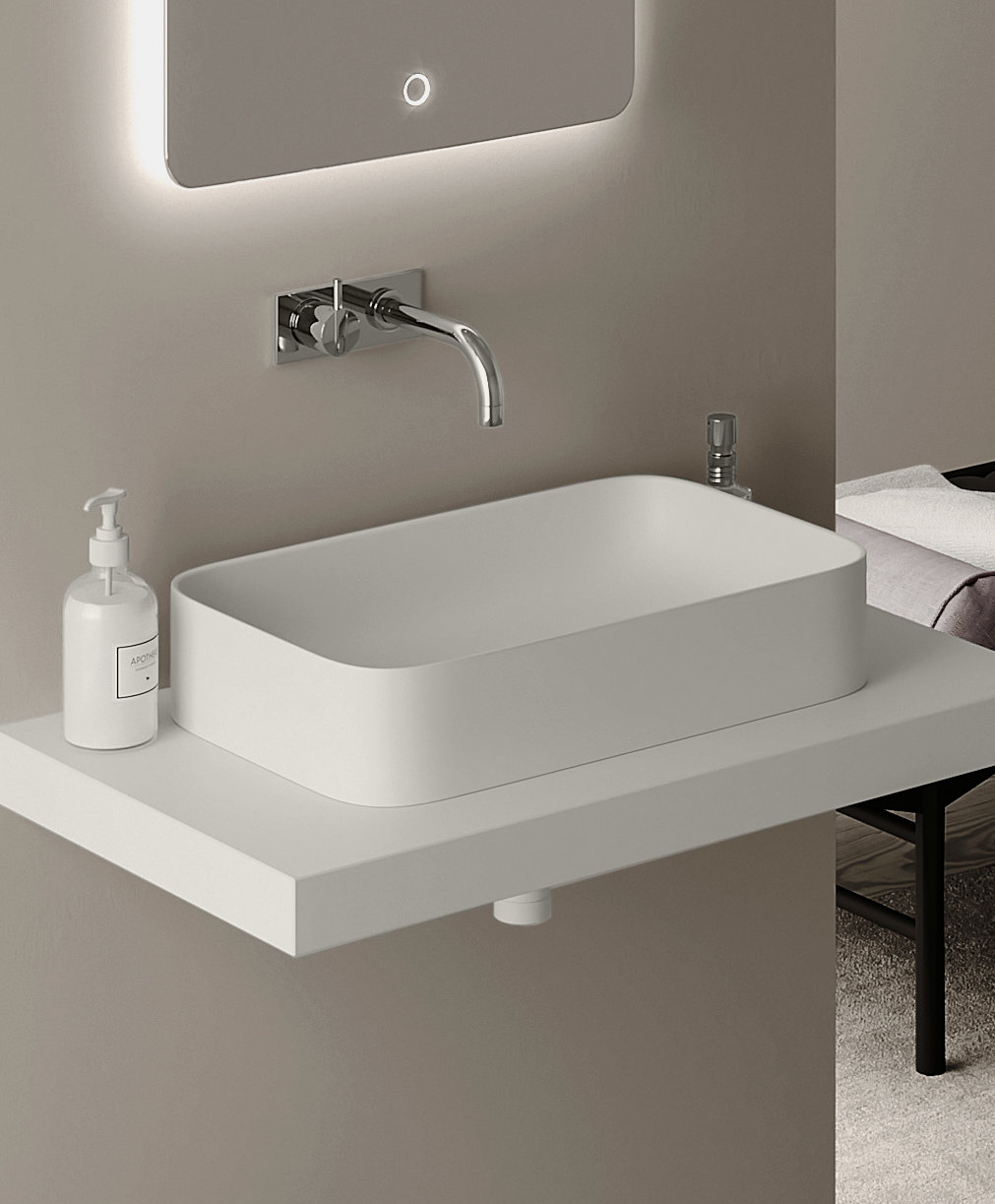 The Yuno TR Wash Basin and Yuno TA Wash Basin from Copenhagen Bath, countertop basins available in two sizes, crafted from Acovi® Solid Surface for a sleek, minimalist design.