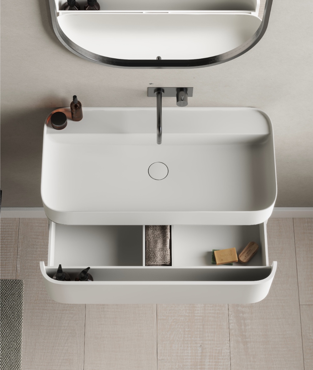 Yuno CA design wash basin with drawer. Copenhagen minimalism, with soft, rounded corners contrasting sharp, clean edges for a sleek and exclusive design.