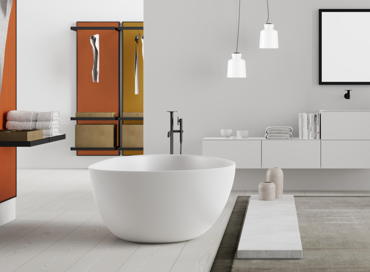 SQ1 bathtub from Copenhagen Bath designed by Mikal Harrsen in white Acovi® Solid Surface with integrated chaise lounge.